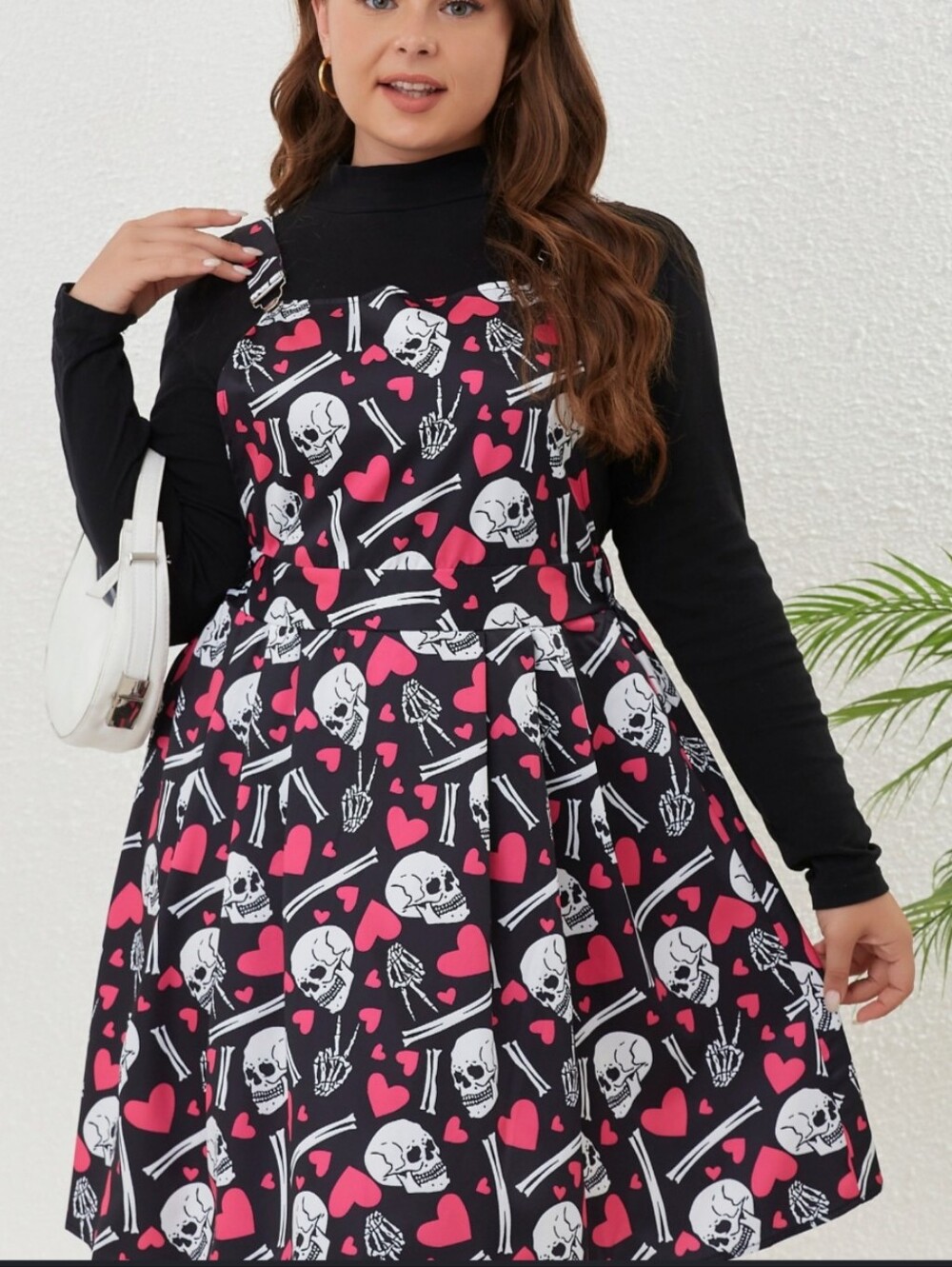 Amazon Black Suspender Midi Dress with Pink Heart & Skull Print Size 4X